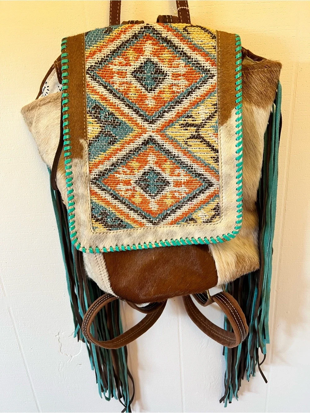 Myra Vanilla Pink Hair on hide and canvas backpack